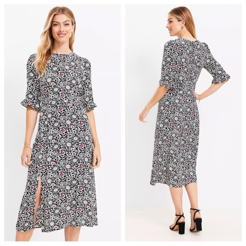 LOFT Black and White Floral Midi Dress with Pink Accents